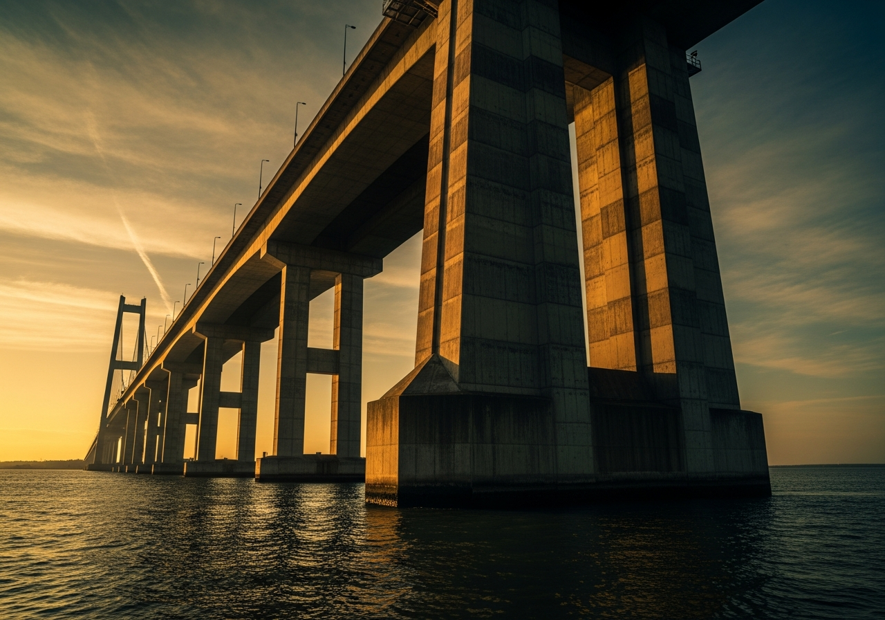 Concrete bridge pylons rising from harbor water