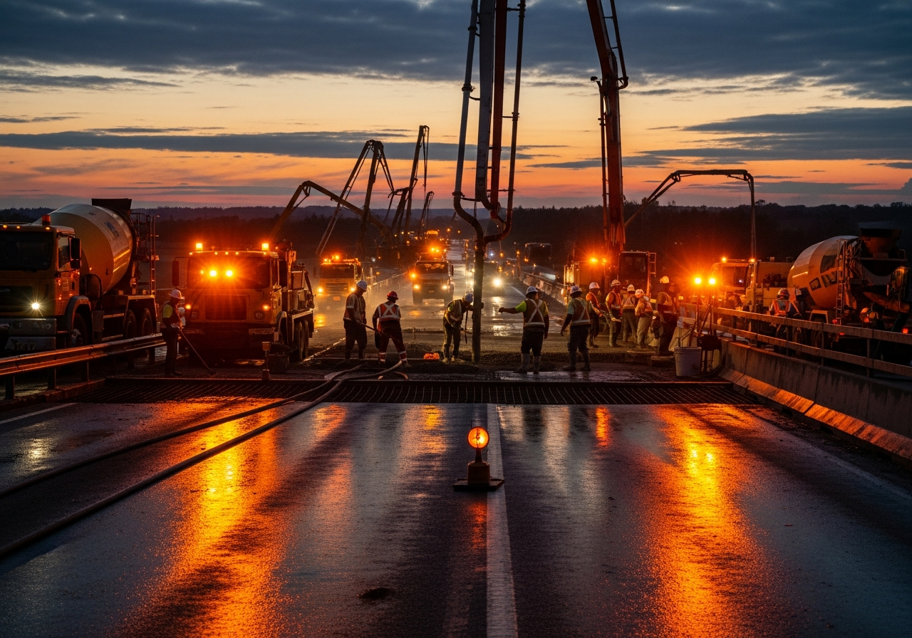 Emergency infrastructure repair operation at dusk