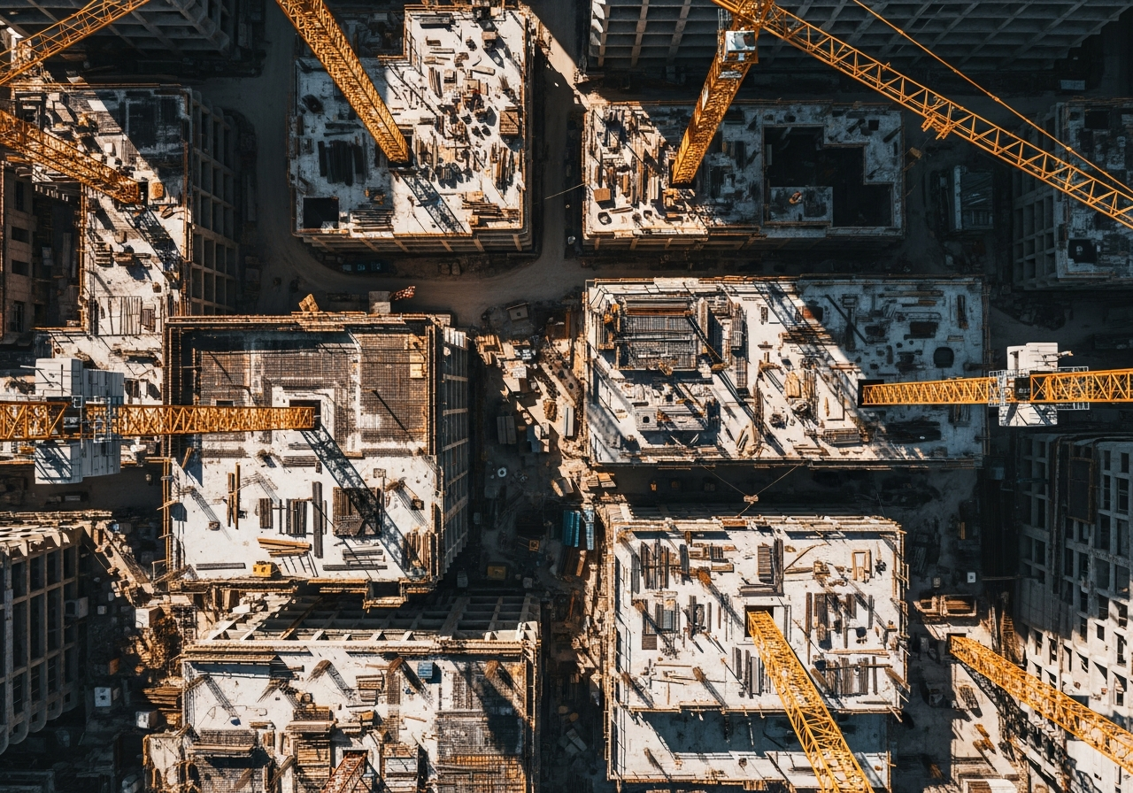 Aerial view of urban high-rise construction site