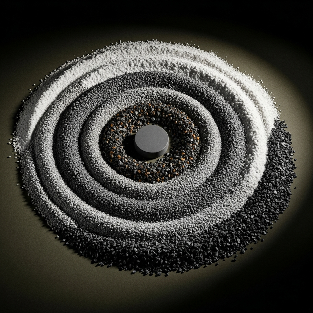 Spiral of industrial waste materials — ground blast furnace slag, fly ash, and slag aggregates — converging into a polished concrete core, representing NuGreen's closed-loop material cycle